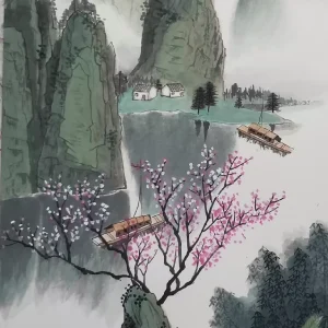 Hand-painted landscape with peach blossoms-1276392956