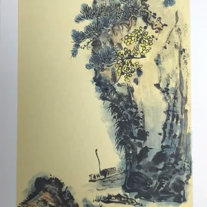 Blue-Green Landscape Painting - Boats Sailing on Water Amid Mountains-182202
