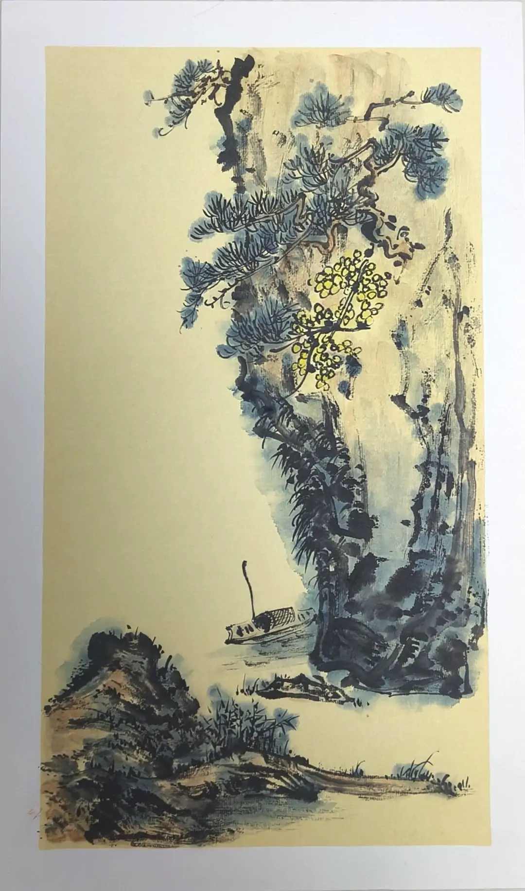 Blue-Green Landscape Painting - Boats Sailing on Water Amid Mountains-182202