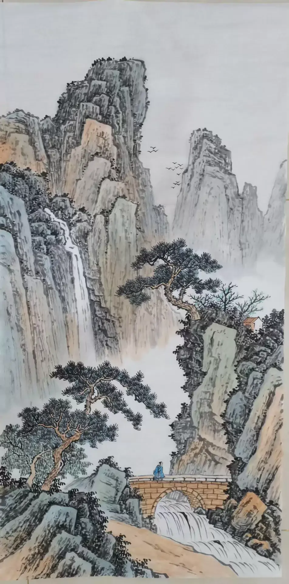Freehand Free-Style Landscape Painting with a Traveler in Cyan Robes-182206