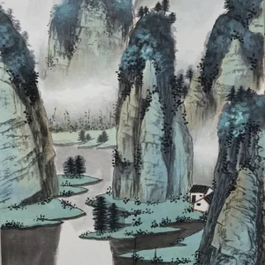Hand-painted Chinese Landscape Painting with Boats and Mountain Dwellings-182197