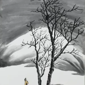 Hand-painted Traditional Chinese Painting: Viewing Trees on a Mountain Path Amid Dark Clouds, Wind and Snow-182196