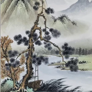 Hand-painted freehand Chinese landscape paintings with trees and boats-182195