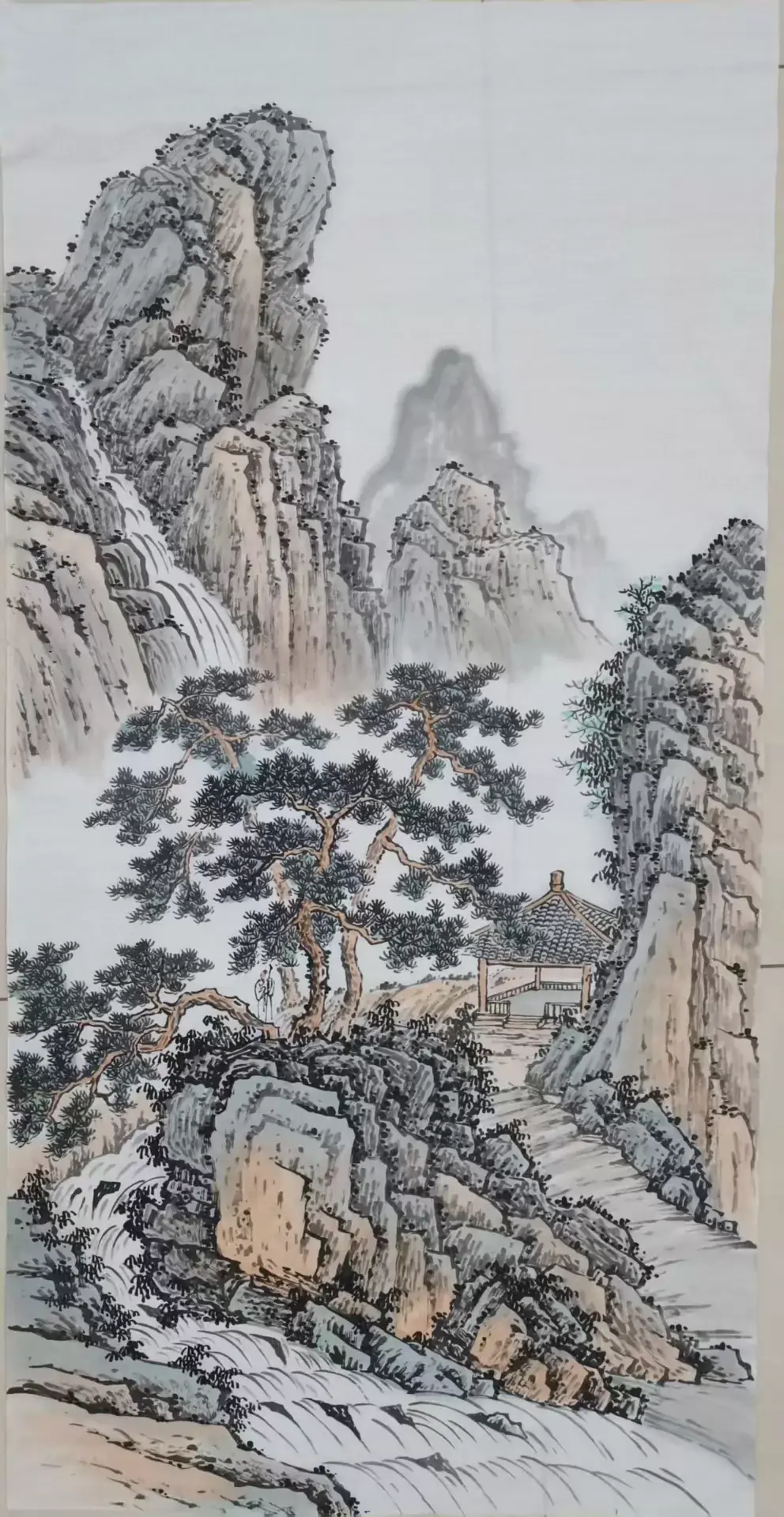 Hand-painted landscape painting - a small pavilion on the mountain path-182207