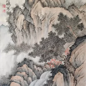 Hand-painted landscape painting featuring mountain peaks, pine trees and waterfalls-182203