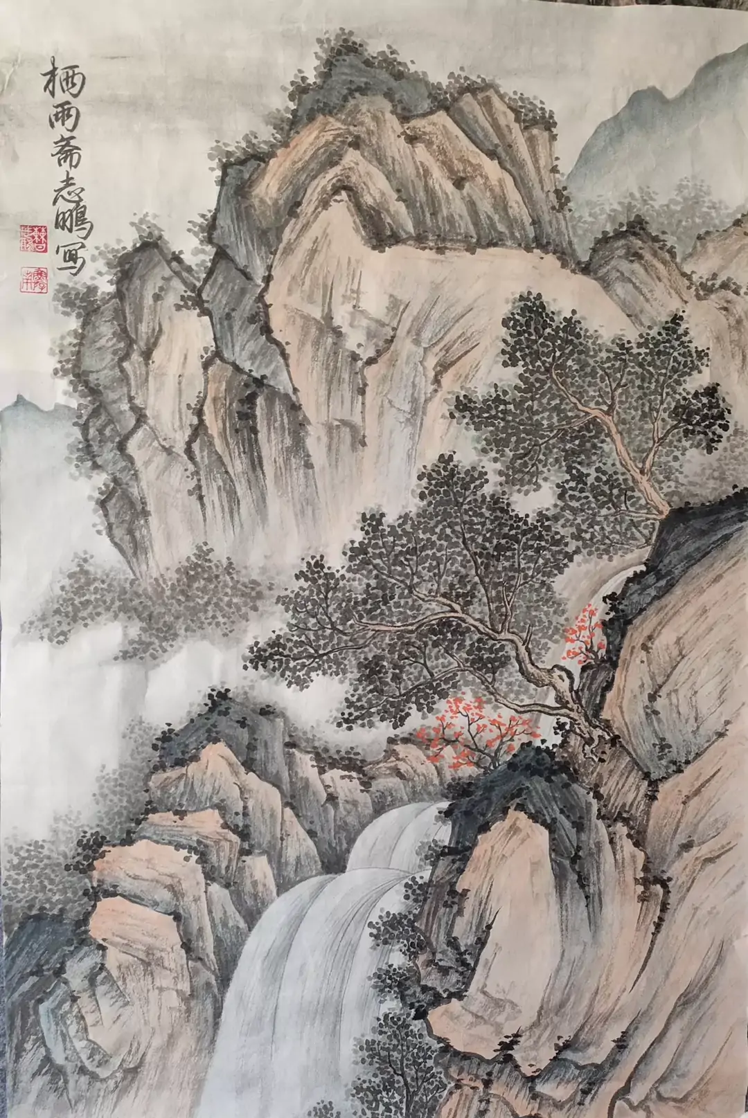 Hand-painted landscape painting featuring mountain peaks, pine trees and waterfalls-182203