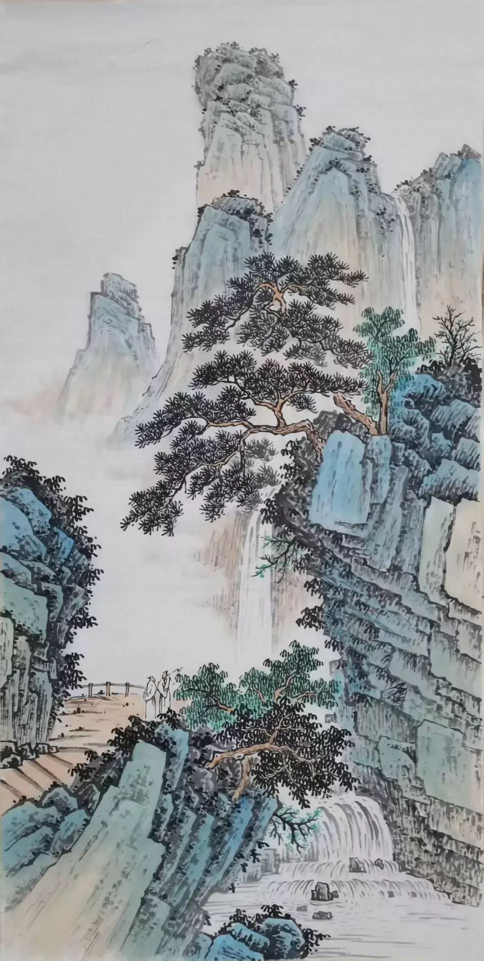 Hand-painted landscape painting with pine trees and waterfalls-182205