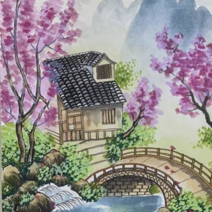 Hand-painted traditional Chinese painting featuring a small bridge, flowing water, peach blossoms and cottages-182198